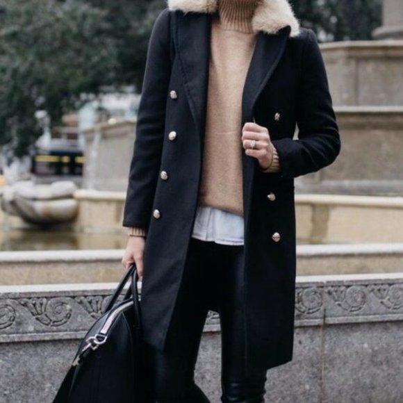 Topshop Navy/Black Military Removable Fur Collar Trench Slim Fit Jacket - Picture 1 of 2
